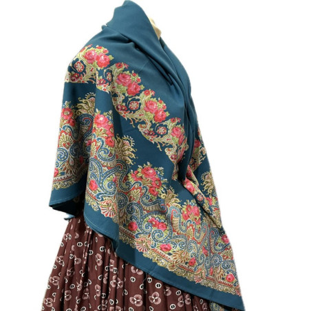 mantón estampado rosas azul