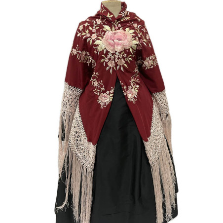 MANTÓN DE MANILA GRANATE  FLOR BEIGE