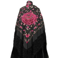 MANTÓN DE MANILA NEGRO FLOR FUCSIA