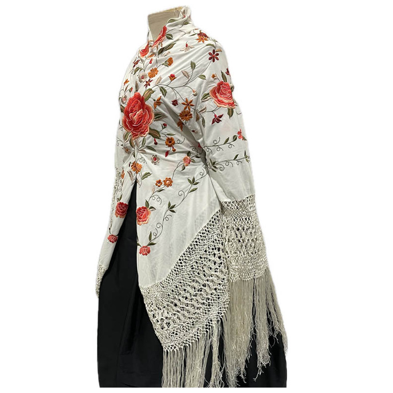 MANTÓN DE MANILA BLANCO  FLOR CALDERO