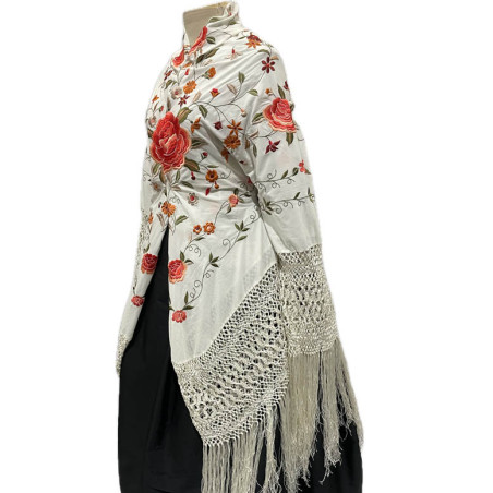 MANTÓN DE MANILA BLANCO  FLOR CALDERO