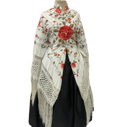 MANTÓN DE MANILA BLANCO  FLOR CALDERO