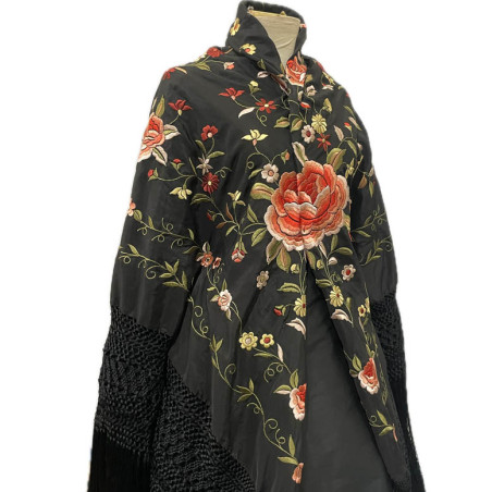 MANTÓN DE MANILA NEGRO FLOR COLORES