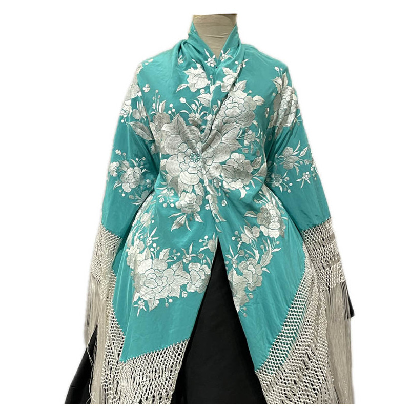 MANTÓN DE MANILA TURQUESA BLANCO