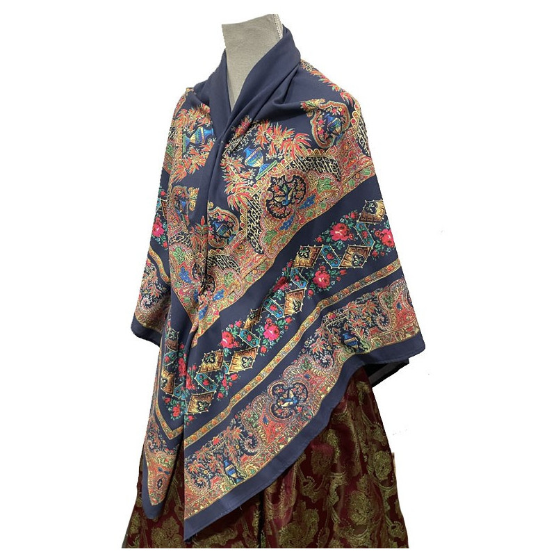 mantón estampado pajaritos azul marino