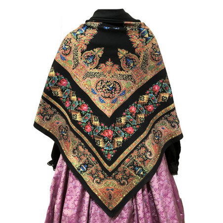 mantón estampado pajaritos negro